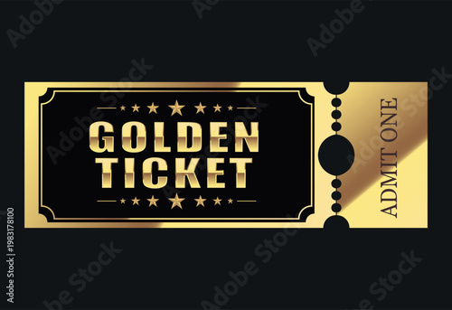 Luxury Golden Ticket Vector with Perforated Tear-off Tab and Stars
