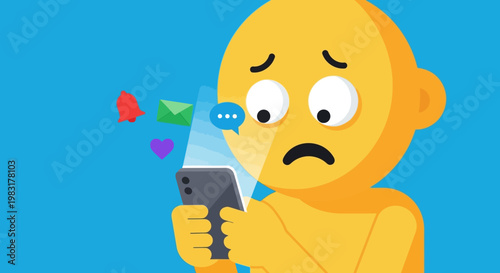 Anxious character overwhelmed by constant social media notifications and excessive smartphone screen time, illustrating digital stress and modern addiction