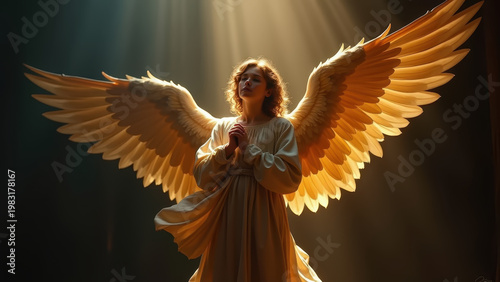 Angel Gabriel with golden wings in divine light