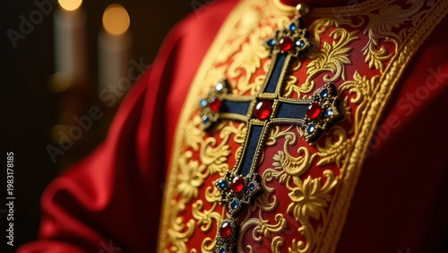 Orthodox priest golden vestment embroidery with cross pattern detail