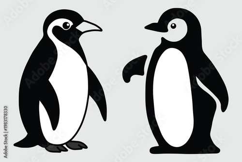 Minimalist penguin vector illustration, cute emperor penguin chick characters, black and white arctic animal icons for children education