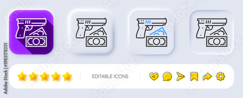 Robbery line icon. Neumorphic, Flat shadow, 3d buttons. Money fraud crime sign. Thief with gun steal cash symbol. Line robbery icon. Social media icons. Vector