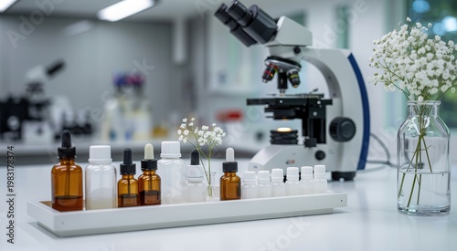 Laboratory equipment and microscope on a white table with flowers and various bottles