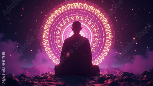 Buddhist monk meditating inside glowing digital mandala sphere in dark space, electric purple particle background
