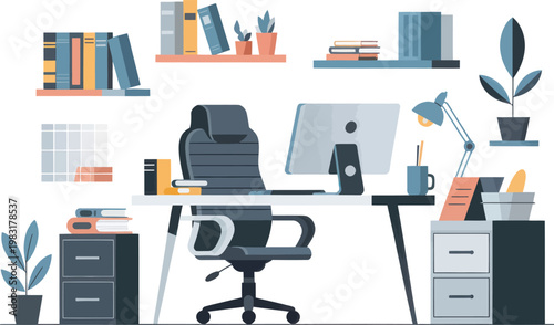 Modern Home Office Workspace with Computer and Bookshelves Vector Illustration