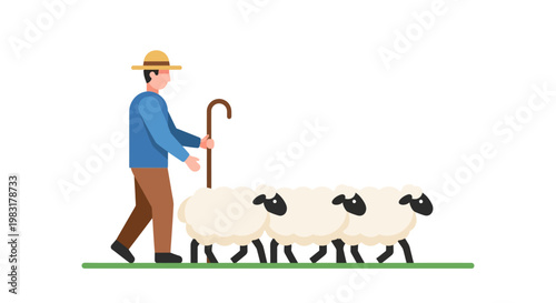 Shepherd guiding a flock of sheep through a green field on a sunny day, illustrating rural life and animal husbandry