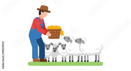 Farmer feeding flock of sheep with hay in a grassy field, illustration of rural life and agriculture