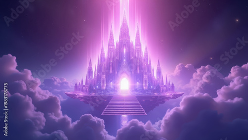 Futuristic crystal cathedral floating in glowing nebula cloud with divine energy beams