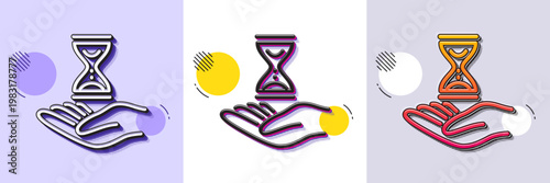 Time hourglass in hand line icon. Halftone dotted pattern. Gradient icon with grain shadow. Sand watch sign. Line time hourglass icon. Various designs. Vector