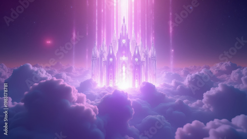 Futuristic crystal cathedral floating in glowing nebula cloud with divine energy beams