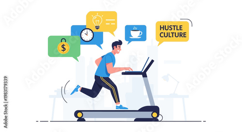 Hustle culture concept with a man running on a treadmill while working on a laptop, symbolizing hard work and dedication