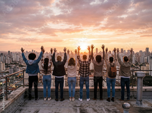 Young People Standing Together on Rooftop at Sunset