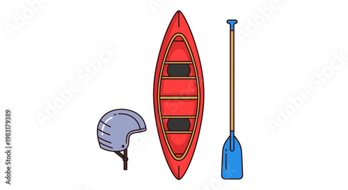 Red canoe with paddle and helmet illustration on white background