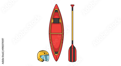 Red canoe with paddle and helmet illustration on white background