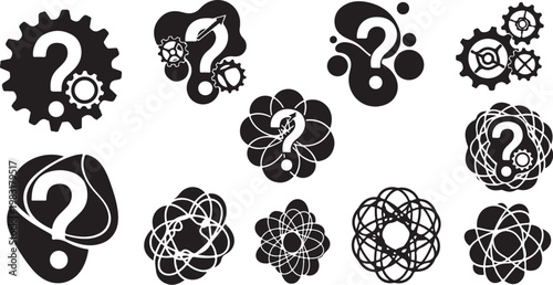 Question Marks and Gears in Black and White
