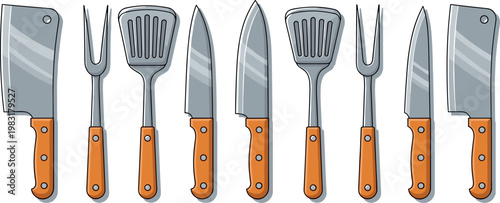 Kitchen Tools and Utensils Set, Knives, Cleavers, Forks, Spatulas, and Cooking Tools for Food Preparation and Culinary Designs