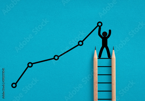 Stick figure climbing pencil ladder to success graph