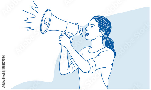 Woman using a megaphone to amplify her voice loudly to an audience with a dynamic and expressive illustration design