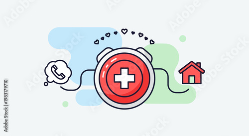 Medical alert system with phone call and house connection, conceptual illustration