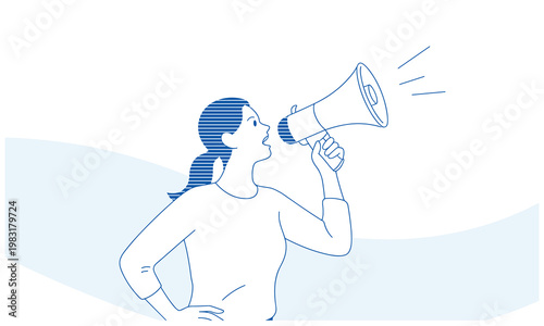Woman using a megaphone to amplify her voice in a powerful and confident manner with a stylish ponytail