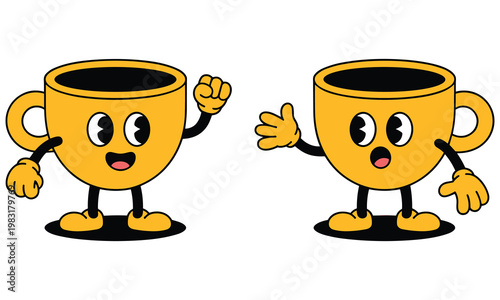 Foto Two cheerful cartoon coffee cups with arms and legs expressing excitement and fr
