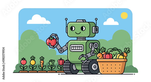 Green robot tending to a vegetable garden with fresh produce in a basket