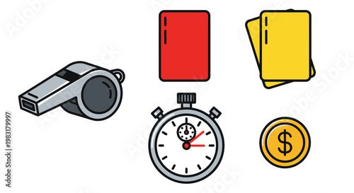 Sports equipment icons whistle cards stopwatch and coin symbols
