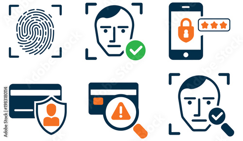 Security in payments fingerprint scan face ID check two-factor code secure lock payment encryption fraud detection shield icon verified symbols, vector illustration set representing digital payment