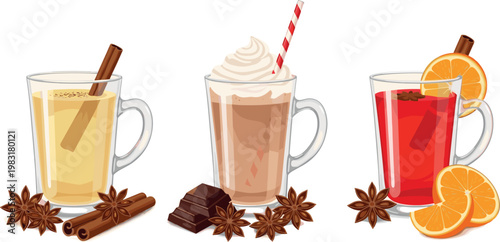 Spiced and Fruity Hot Drink Icon Set with Cinnamon, Chocolate, Orange, and Whipped Cream for Winter Beverages and Cozy Drinks