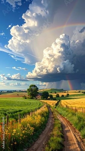 A dirt road winds through green and yellow fields under a vibrant rainbow and stormy sky