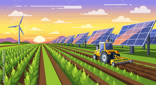 Sustainable agriculture powered by renewable energy sources solar panels and wind turbines with a tractor tilling fields