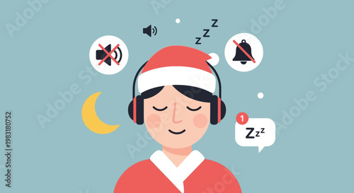 Calm Sleepy Santa Claus with Headphones Listening to Sleep Sounds and Notifications