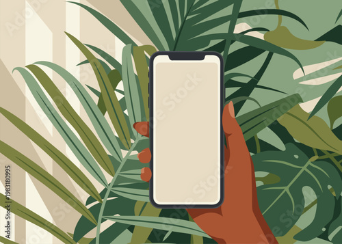Vector Mockup of Hand Holding Smartphone with Blank Screen against Tropical Foliage Background for Mobile UI UX Design and Social Media Advertising
