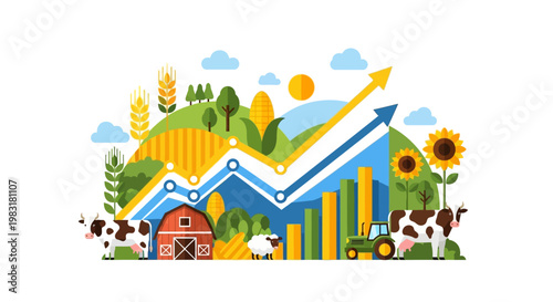 Agricultural growth and economic progress represented by a rising graph with farm animals and crops