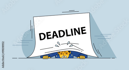Overwhelmed businessman struggling under a large paper with the word DEADLINE written on it, concept of work pressure and time management