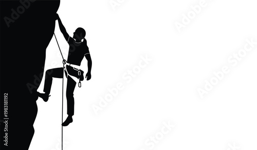 A dynamic depiction of a rock climber ascending a steep cliff face captured in a stark black and white silhouette high quality professional detailed