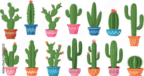 Colorful Cactus Collection in Decorative Pots, Succulent and Potted Plant Designs for Home Decor, Gardening, and Nature Illustrations