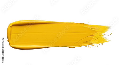 A vibrant yellow paint brush stroke on a smooth surface isolated on transparent background