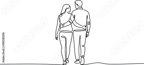 Minimalist couple walking back view line art featuring man and woman with arm around in simple outline style for lifestyle illustration design
