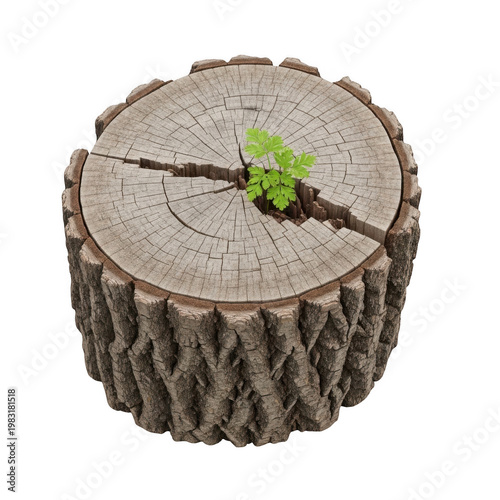 A stump with a small green plant sprouting from its center isolated on transparent background