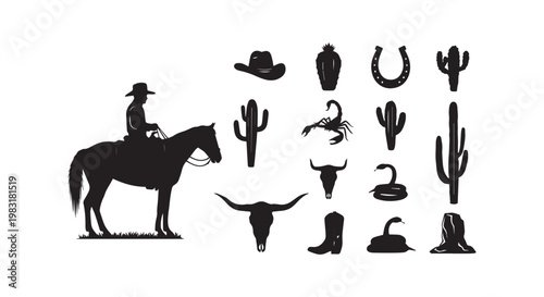 Silhouette cowboy riding horse in desert with cacti, scorpion, snake, longhorn skull, cowboy hat, horseshoe and boots, western vector graphic.