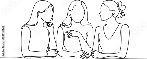 women conversation line art featuring three female friends sitting together and talking in simple outline style for lifestyle illustration design