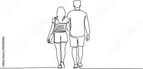 couple walking back view line art featuring man and woman holding each other in simple outline style for lifestyle illustration