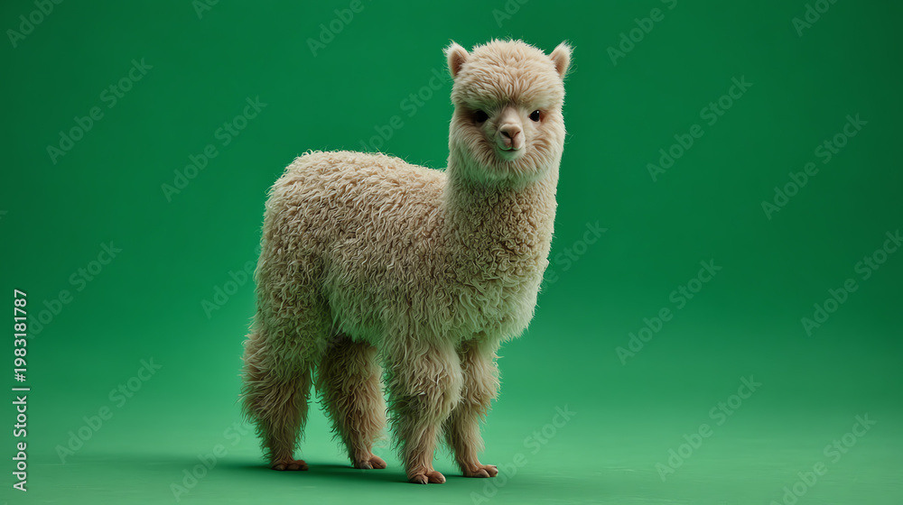 Fototapeta premium A fluffy alpaca stands gracefully against a vibrant green background, showcasing its unique and charming features.