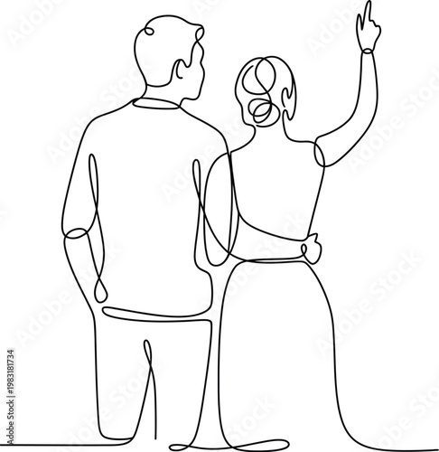 couple back view line art featuring man and woman standing together with arm around in simple outline style illustration