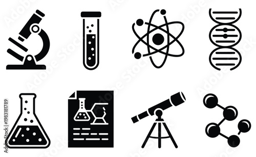 Science icon set solid style icons of science and research microscope test tube atom model DNA strand lab flask science symbols, vector illustration representing laboratory experiments and scientific