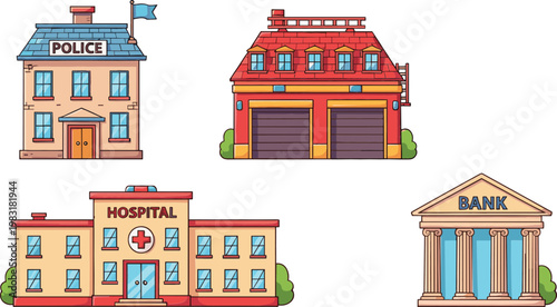 Public service buildings vector set with police station fire department hospital and bank cartoon illustration design