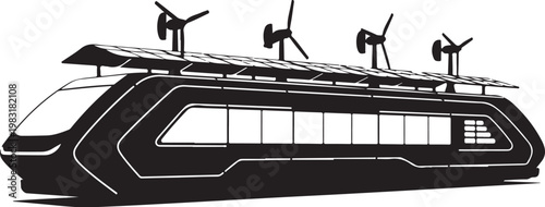 Futuristic eco-friendly transportation vehicle, solar powered bus, wind turbine technology, sustainable travel concept