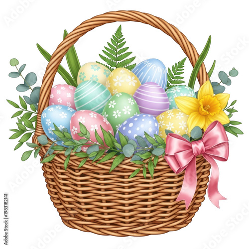 Colorful easter basket filled with pastel eggs and decorative items isolated on transparent background