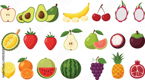 Fresh tropical fruit vector set with sliced and whole fruits including avocado banana watermelon pineapple grapes and berries